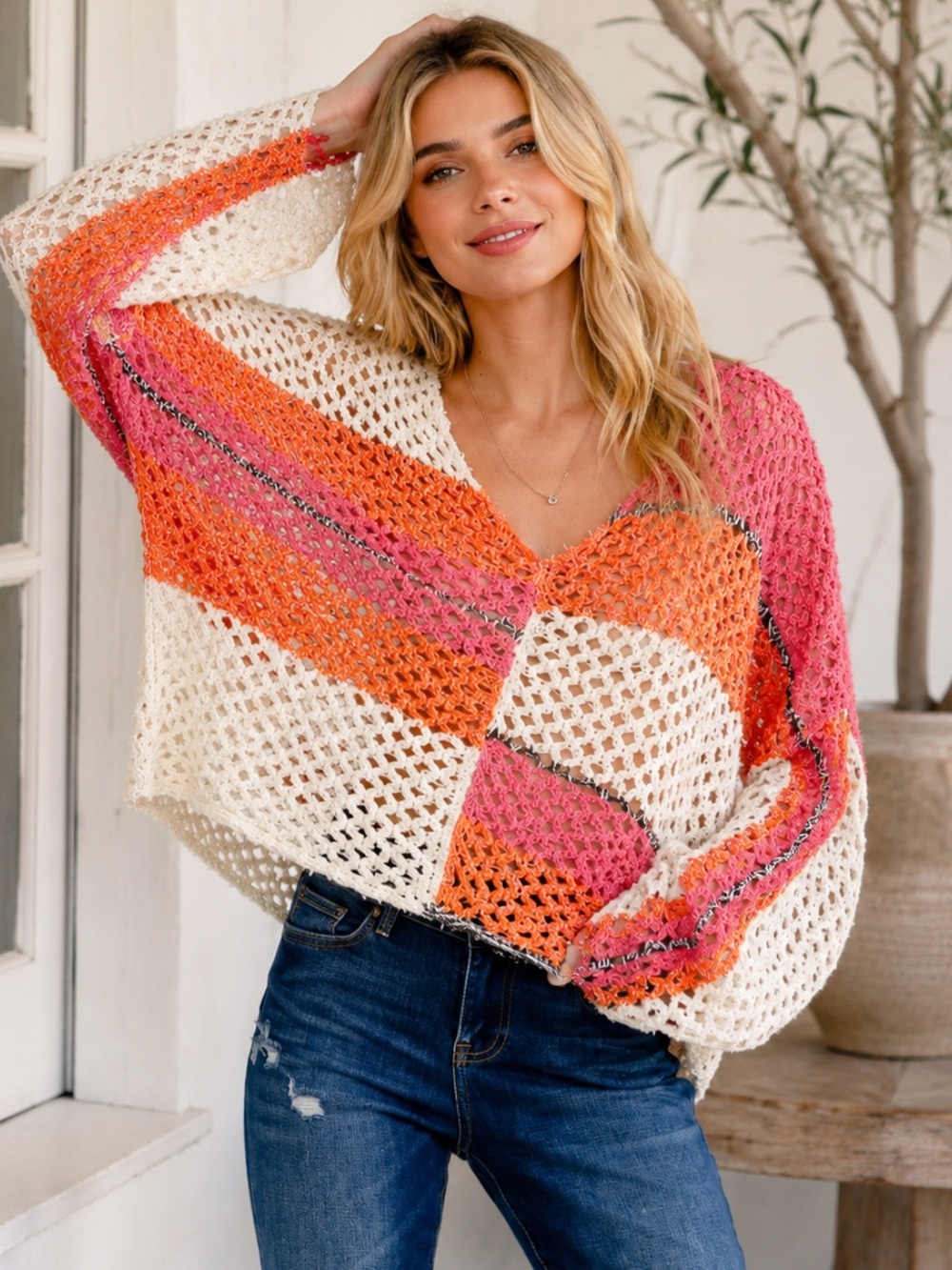 Soft Crochet Colorblock Summer All Year Layering Oversize Sweater